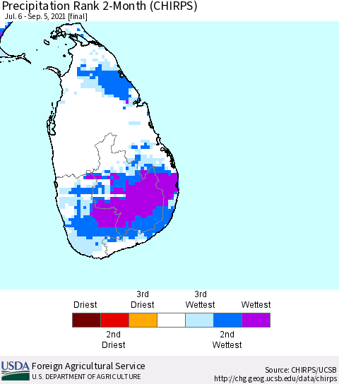 Sri Lanka Precipitation Rank since 1981, 2-Month (CHIRPS) Thematic Map For 7/6/2021 - 9/5/2021