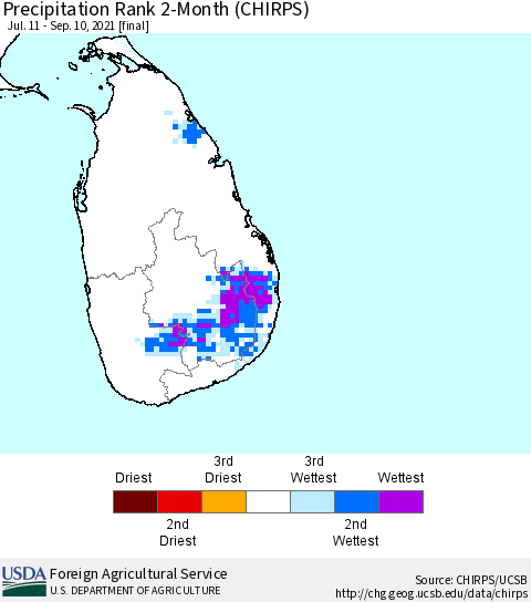 Sri Lanka Precipitation Rank since 1981, 2-Month (CHIRPS) Thematic Map For 7/11/2021 - 9/10/2021