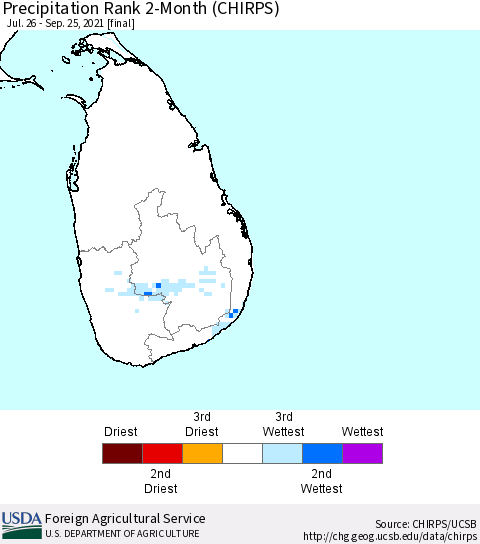 Sri Lanka Precipitation Rank since 1981, 2-Month (CHIRPS) Thematic Map For 7/26/2021 - 9/25/2021