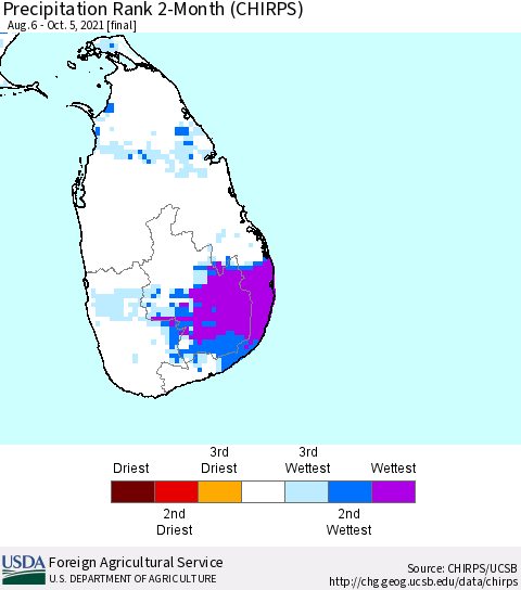 Sri Lanka Precipitation Rank since 1981, 2-Month (CHIRPS) Thematic Map For 8/6/2021 - 10/5/2021
