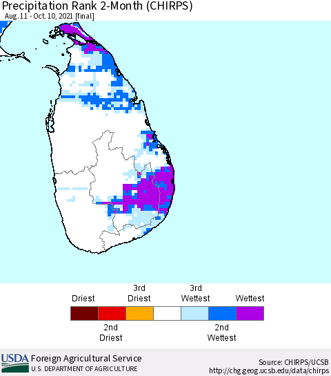 Sri Lanka Precipitation Rank since 1981, 2-Month (CHIRPS) Thematic Map For 8/11/2021 - 10/10/2021