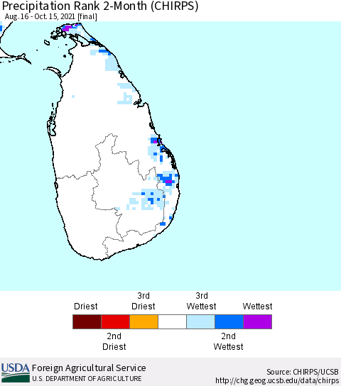 Sri Lanka Precipitation Rank since 1981, 2-Month (CHIRPS) Thematic Map For 8/16/2021 - 10/15/2021