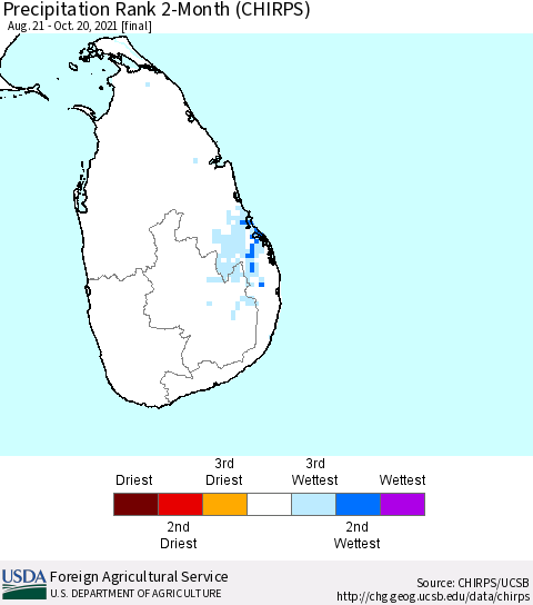 Sri Lanka Precipitation Rank since 1981, 2-Month (CHIRPS) Thematic Map For 8/21/2021 - 10/20/2021