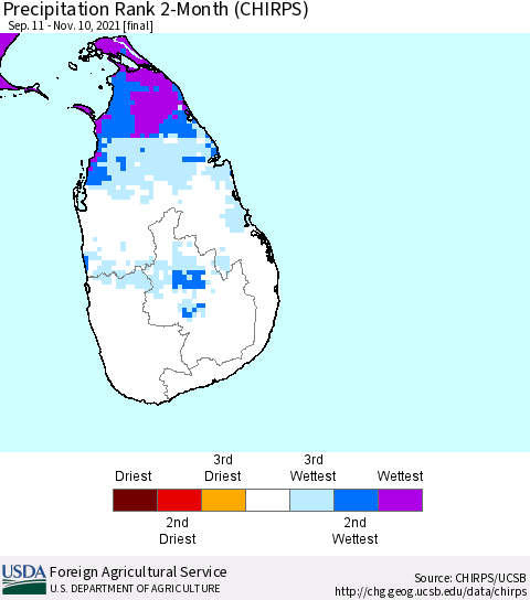 Sri Lanka Precipitation Rank since 1981, 2-Month (CHIRPS) Thematic Map For 9/11/2021 - 11/10/2021