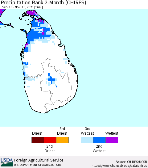 Sri Lanka Precipitation Rank since 1981, 2-Month (CHIRPS) Thematic Map For 9/16/2021 - 11/15/2021