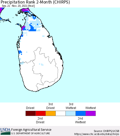 Sri Lanka Precipitation Rank since 1981, 2-Month (CHIRPS) Thematic Map For 9/21/2021 - 11/20/2021