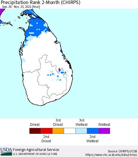 Sri Lanka Precipitation Rank since 1981, 2-Month (CHIRPS) Thematic Map For 9/26/2021 - 11/25/2021