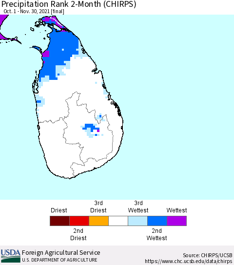 Sri Lanka Precipitation Rank since 1981, 2-Month (CHIRPS) Thematic Map For 10/1/2021 - 11/30/2021