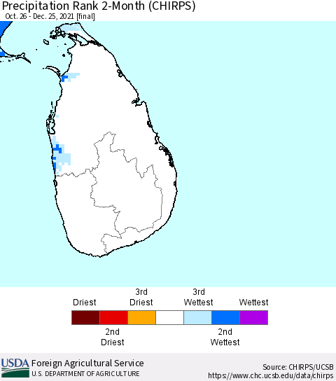 Sri Lanka Precipitation Rank since 1981, 2-Month (CHIRPS) Thematic Map For 10/26/2021 - 12/25/2021