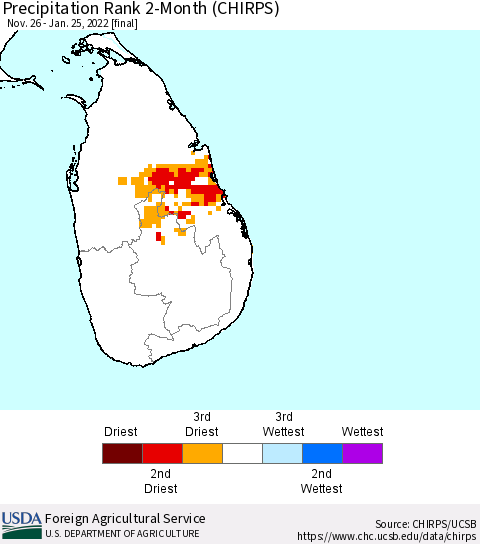 Sri Lanka Precipitation Rank 2-Month (CHIRPS) Thematic Map For 11/26/2021 - 1/25/2022