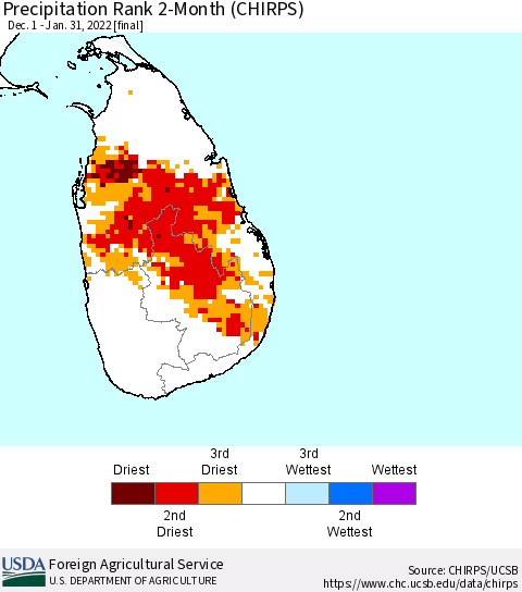 Sri Lanka Precipitation Rank 2-Month (CHIRPS) Thematic Map For 12/1/2021 - 1/31/2022