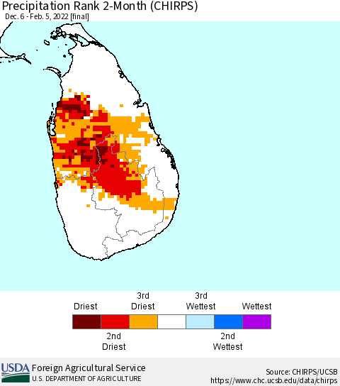 Sri Lanka Precipitation Rank since 1981, 2-Month (CHIRPS) Thematic Map For 12/6/2021 - 2/5/2022