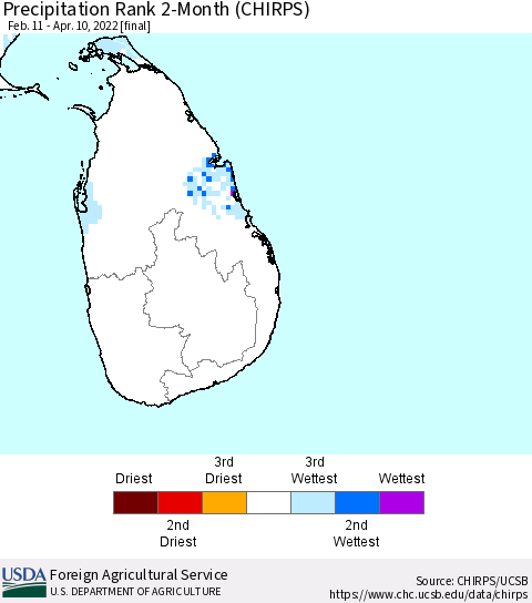 Sri Lanka Precipitation Rank since 1981, 2-Month (CHIRPS) Thematic Map For 2/11/2022 - 4/10/2022