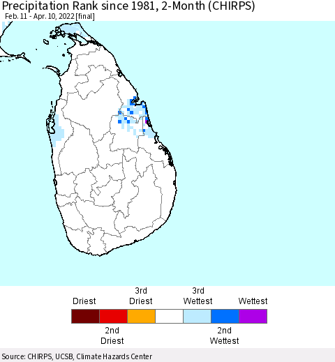 Sri Lanka Precipitation Rank since 1981, 2-Month (CHIRPS) Thematic Map For 2/11/2022 - 4/10/2022