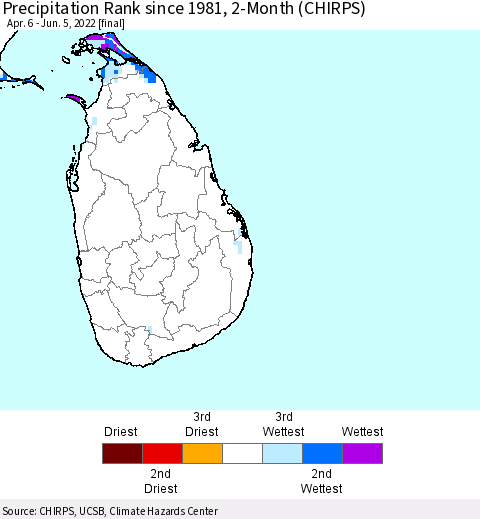 Sri Lanka Precipitation Rank since 1981, 2-Month (CHIRPS) Thematic Map For 4/6/2022 - 6/5/2022