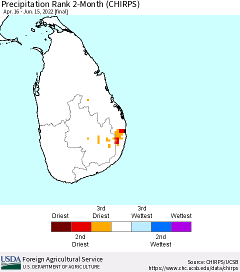 Sri Lanka Precipitation Rank since 1981, 2-Month (CHIRPS) Thematic Map For 4/16/2022 - 6/15/2022