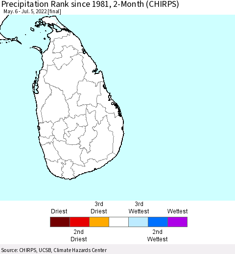 Sri Lanka Precipitation Rank since 1981, 2-Month (CHIRPS) Thematic Map For 5/6/2022 - 7/5/2022