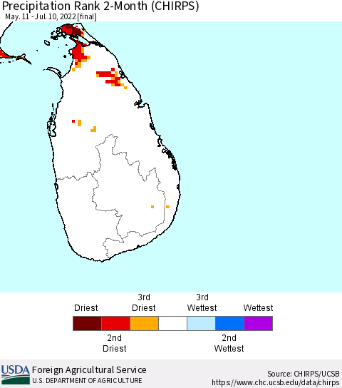 Sri Lanka Precipitation Rank since 1981, 2-Month (CHIRPS) Thematic Map For 5/11/2022 - 7/10/2022