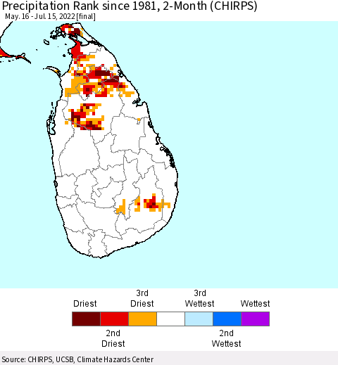 Sri Lanka Precipitation Rank since 1981, 2-Month (CHIRPS) Thematic Map For 5/16/2022 - 7/15/2022