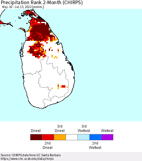 Sri Lanka Precipitation Rank 2-Month (CHIRPS) Thematic Map For 5/16/2022 - 7/15/2022