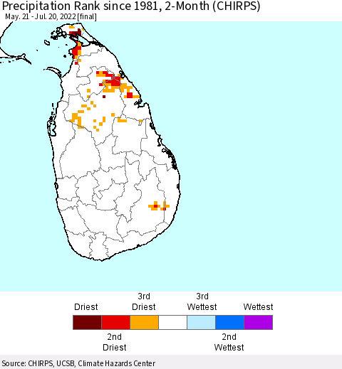 Sri Lanka Precipitation Rank since 1981, 2-Month (CHIRPS) Thematic Map For 5/21/2022 - 7/20/2022