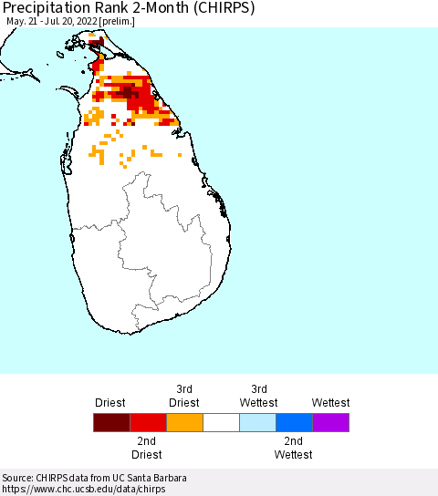 Sri Lanka Precipitation Rank 2-Month (CHIRPS) Thematic Map For 5/21/2022 - 7/20/2022