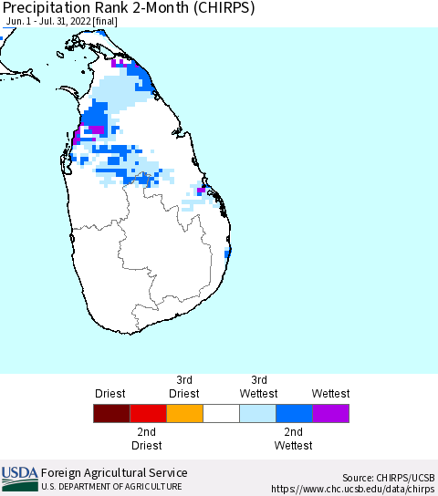 Sri Lanka Precipitation Rank since 1981, 2-Month (CHIRPS) Thematic Map For 6/1/2022 - 7/31/2022