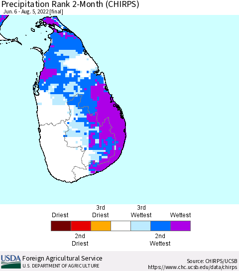 Sri Lanka Precipitation Rank since 1981, 2-Month (CHIRPS) Thematic Map For 6/6/2022 - 8/5/2022