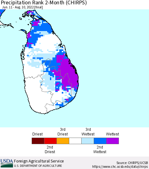 Sri Lanka Precipitation Rank since 1981, 2-Month (CHIRPS) Thematic Map For 6/11/2022 - 8/10/2022