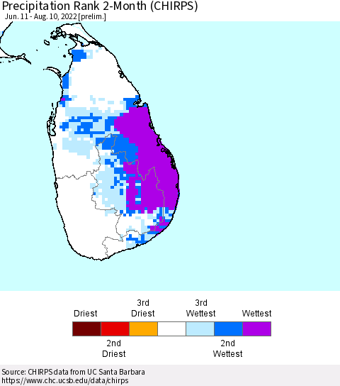 Sri Lanka Precipitation Rank 2-Month (CHIRPS) Thematic Map For 6/11/2022 - 8/10/2022
