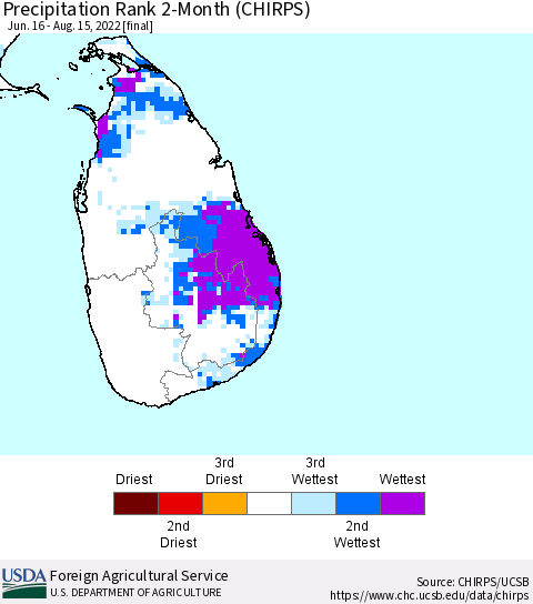 Sri Lanka Precipitation Rank since 1981, 2-Month (CHIRPS) Thematic Map For 6/16/2022 - 8/15/2022