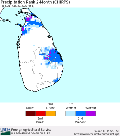 Sri Lanka Precipitation Rank since 1981, 2-Month (CHIRPS) Thematic Map For 6/21/2022 - 8/20/2022