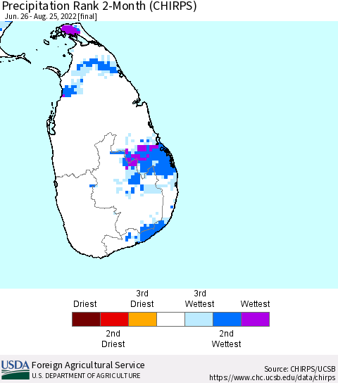 Sri Lanka Precipitation Rank since 1981, 2-Month (CHIRPS) Thematic Map For 6/26/2022 - 8/25/2022