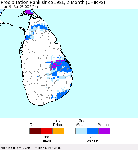 Sri Lanka Precipitation Rank since 1981, 2-Month (CHIRPS) Thematic Map For 6/26/2022 - 8/25/2022