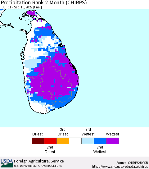 Sri Lanka Precipitation Rank since 1981, 2-Month (CHIRPS) Thematic Map For 7/11/2022 - 9/10/2022