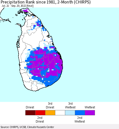 Sri Lanka Precipitation Rank since 1981, 2-Month (CHIRPS) Thematic Map For 7/21/2022 - 9/20/2022