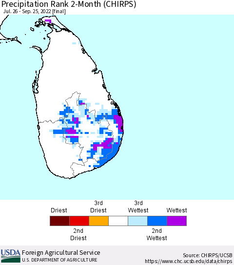 Sri Lanka Precipitation Rank since 1981, 2-Month (CHIRPS) Thematic Map For 7/26/2022 - 9/25/2022