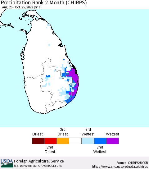 Sri Lanka Precipitation Rank since 1981, 2-Month (CHIRPS) Thematic Map For 8/26/2022 - 10/25/2022