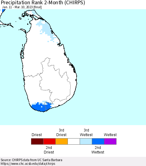 Sri Lanka Precipitation Rank since 1981, 2-Month (CHIRPS) Thematic Map For 1/11/2023 - 3/10/2023