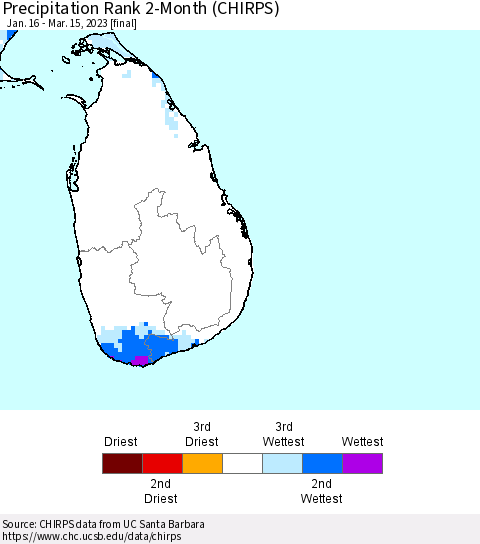 Sri Lanka Precipitation Rank since 1981, 2-Month (CHIRPS) Thematic Map For 1/16/2023 - 3/15/2023