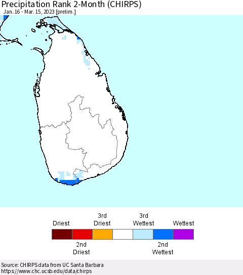 Sri Lanka Precipitation Rank 2-Month (CHIRPS) Thematic Map For 1/16/2023 - 3/15/2023