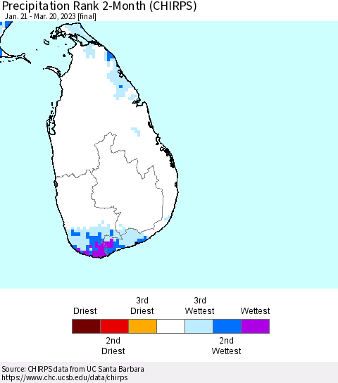 Sri Lanka Precipitation Rank since 1981, 2-Month (CHIRPS) Thematic Map For 1/21/2023 - 3/20/2023