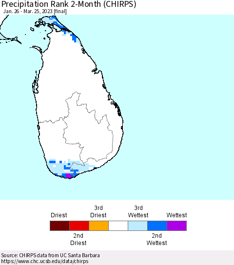 Sri Lanka Precipitation Rank since 1981, 2-Month (CHIRPS) Thematic Map For 1/26/2023 - 3/25/2023