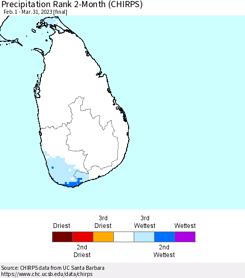 Sri Lanka Precipitation Rank since 1981, 2-Month (CHIRPS) Thematic Map For 2/1/2023 - 3/31/2023