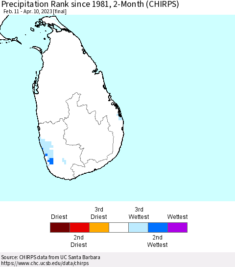 Sri Lanka Precipitation Rank since 1981, 2-Month (CHIRPS) Thematic Map For 2/11/2023 - 4/10/2023