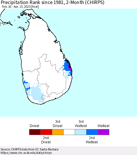 Sri Lanka Precipitation Rank since 1981, 2-Month (CHIRPS) Thematic Map For 2/16/2023 - 4/15/2023