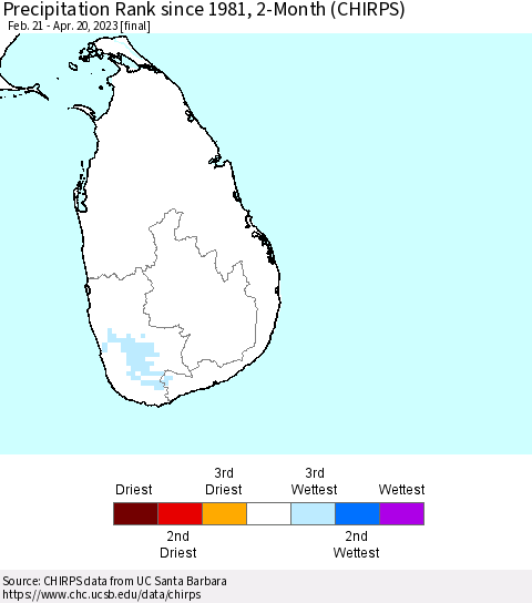 Sri Lanka Precipitation Rank since 1981, 2-Month (CHIRPS) Thematic Map For 2/21/2023 - 4/20/2023