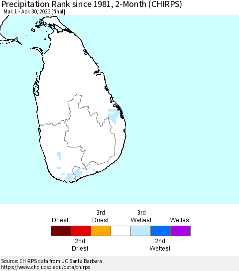 Sri Lanka Precipitation Rank since 1981, 2-Month (CHIRPS) Thematic Map For 3/1/2023 - 4/30/2023