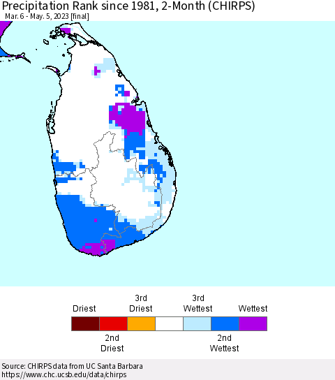 Sri Lanka Precipitation Rank since 1981, 2-Month (CHIRPS) Thematic Map For 3/6/2023 - 5/5/2023