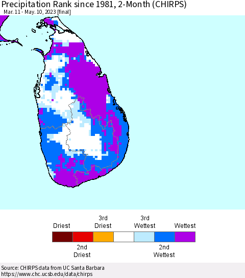 Sri Lanka Precipitation Rank since 1981, 2-Month (CHIRPS) Thematic Map For 3/11/2023 - 5/10/2023